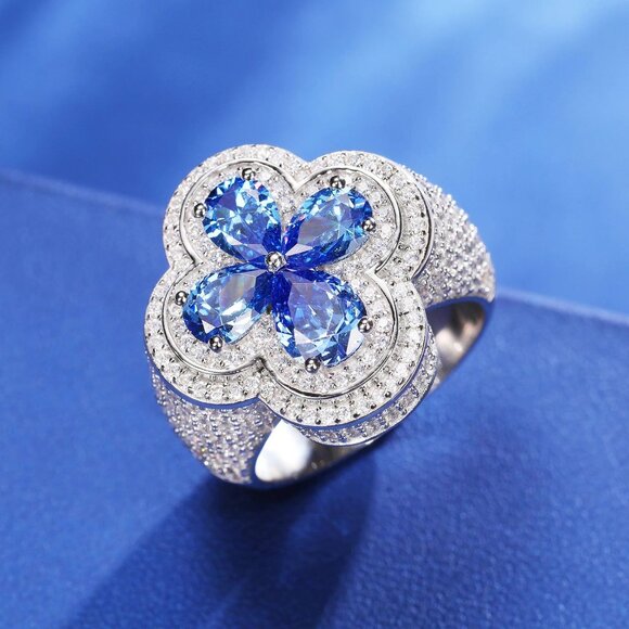 MOISSANITE Lucky Clover 925 Sterling Silver Cross Ring With Pink Blue Water Drop